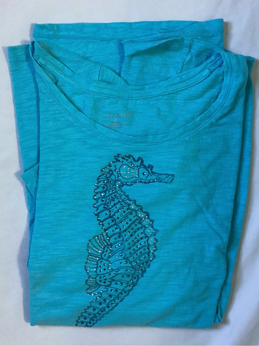 Catherines Ladies Aqua Seahorse Motif Cotton Shirt Top Size OX